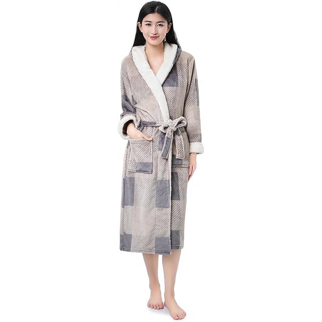 Sunny Forrest Highland Mist Hooded Robe with deep pockets - Grey Plaid with White (CA/US, Alpha, Large, X-Large, Regular, Regular, GREYPLAID/WHITE)