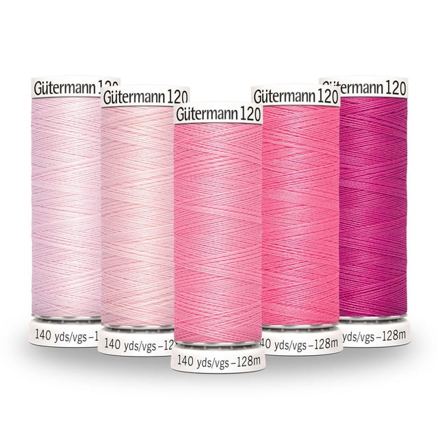 Gutermann 120 100% polyester all purpose thread colour gradient pack of 5 spools, showing a range of pink shades from light to dark magenta, each spool labeled with 140 yards (128 meters) of thread, suitable for machine and hand sewing on various fabrics including cotton, synthetics, and wool, also ideal for craft and mending projects.