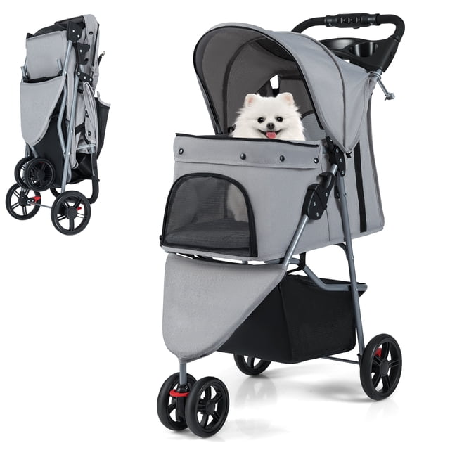 Gymax Poussette pour Animaux Pliable, Chariot pour Chat Réglable avec Auvent Ajustable, 3 Roues Amortissantes, Gris