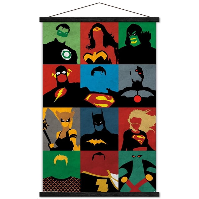 DC Comics - La Ligue des Justiciers - Affiche Murale Minimaliste, 22,375 Pouces x 34 Pouces Mettant en Vedette Douze silhouettes Minimalistes de Héros La Ligue des Justiciers, Dont Green Lantern, Wonder Woman, Green Flow, The Flash, Superman, Cyborg, Hawkgirl, Batman, Supergirl, Aquaman, Shazam et Martian Manhunter, dans une Grille 3x4 avec des Arrière-Plans de Couleur Unie Audacieuse et des Détails de costume Emblématiques en Couleurs Contrastantes, Imprimée sur Papier d'Affiche
