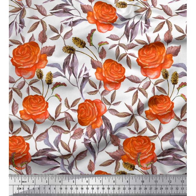 Soimoi Rayon Fabric Leaves & Rose Flower Decor Fabric Printed Yard 56 Inch Wide