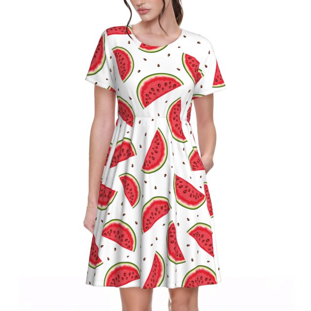 Bixox Robe d'Été à Manches Courtes pour Femme, Coupe Ample Évasée, Longueur Genou, avec Poches - Melon D\'eau