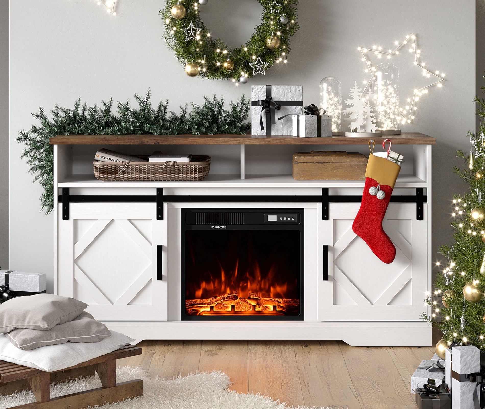 WAMPAT Fireplace TV Stand for TVs Up to 65 Inch, Electric Fireplace TV Console, Wood Entertainment Center with Storage Cabinet, Sliding Barn Door, 2 Heating Mode, 5 Brightness, White