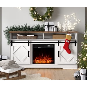 WAMPAT Fireplace TV Stand for TVs Up to 65 Inch, Electric Fireplace TV Console, Wood Entertainment Center with Storage Cabinet, Sliding Barn Door, 2 Heating Mode, 5 Brightness, White