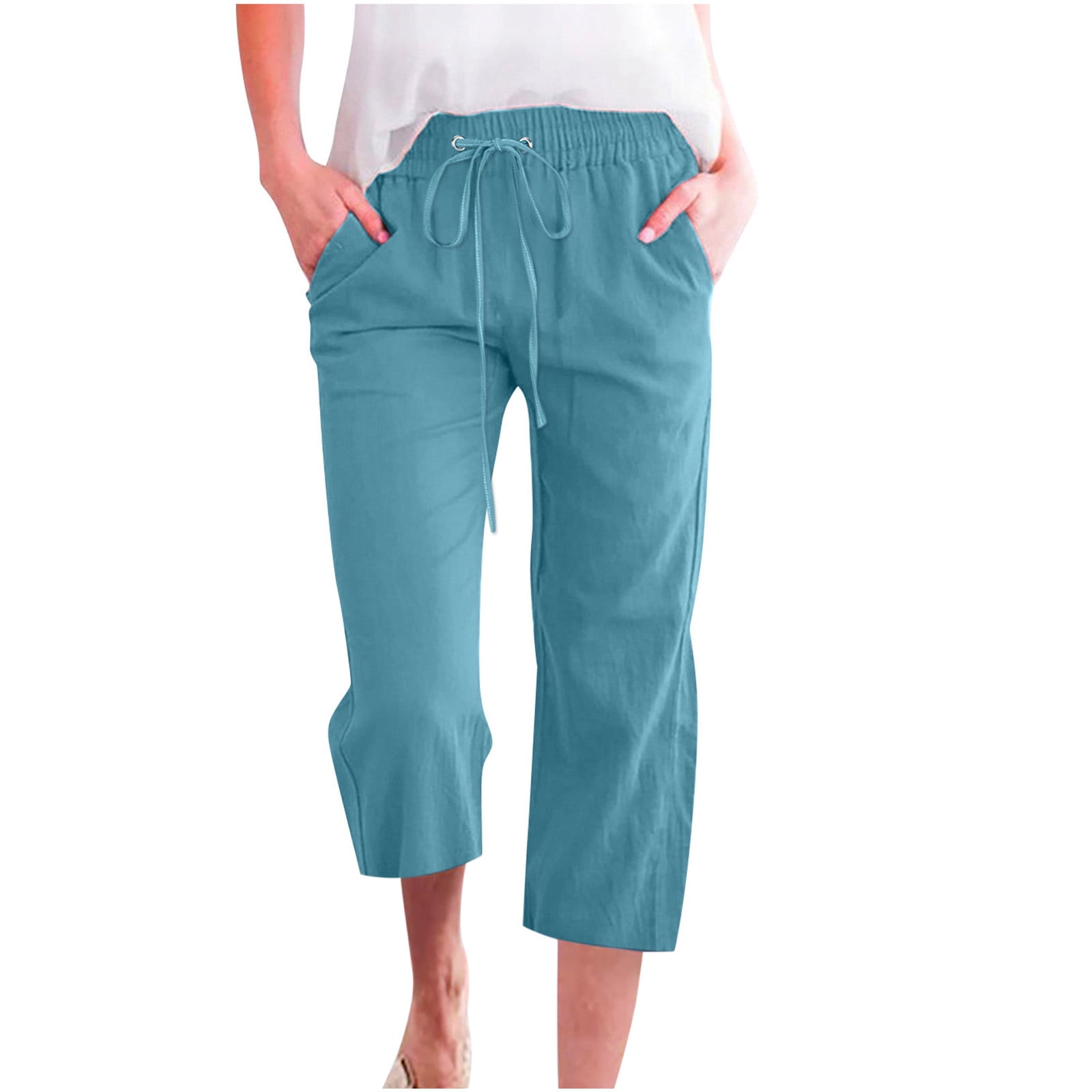 Women Casual Capris Straight Leg Drawstring Elastic Waist Linen Pants with Pockets