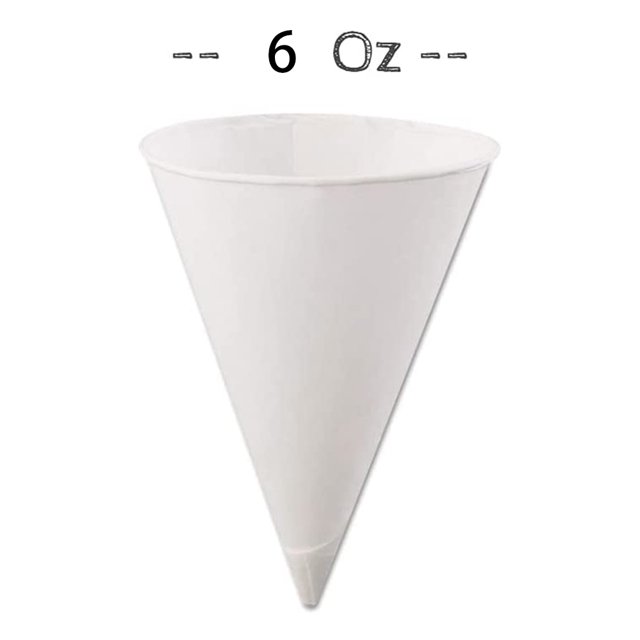 White Paper Cone Cups, Snow Cone Cups, Coated Leakproof Cone Paper Cups for Slush, Shaved Ice, and Water, shown in a 6-ounce size. The cone-shaped disposable cup is made of thickened food-grade paper with a coated interior to prevent leaks. Ideal for smoothies, shaved ice, and beverages, these cups are perfect for parties and DIY activities. Package includes 200 cups.