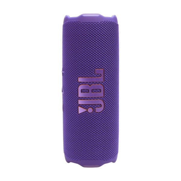 JBL Flip 7 portable waterproof and drop-proof Bluetooth speaker in purple with a cylindrical shape, textured fabric mesh, and centered JBL logo, designed for durable wireless audio playback and outdoor use with up to 16 hours playtime, also suitable for multi-speaker connection via Auracast™.