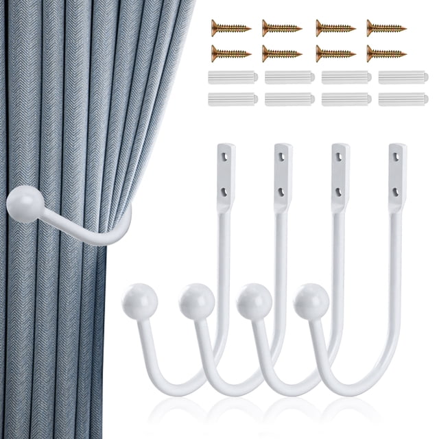 4Pcs Curtain Holdbacks Curtain Tiebacks Hooks Tie Backs for Curtains Curtain Holders for Wall Curtain Holder Curtain Tie Backs Wall Mount for Living Room, Bedroom and More in white. The set includes four durable aluminum alloy hooks with a no-binding design, suitable for various curtain thicknesses. Each hook measures 5.9 inches in length and 3.7 inches in width, with a simple and stylish design. The package includes screws and wall anchors for easy installation. These hooks can also be used to hang clothes, hats, towels, or umbrellas, making them versatile for home decor.