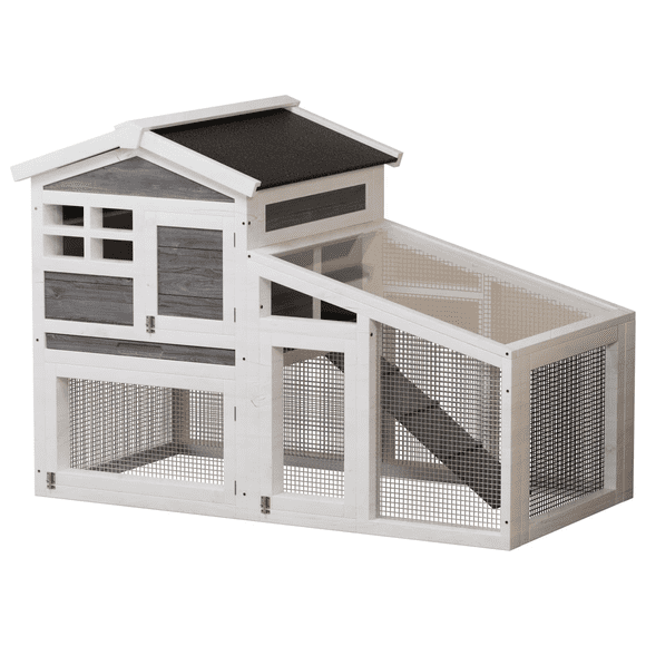 Clapier pour Lapins à 2 Niveaux - Grande Cage en Bois Étanche avec Plateau Coulissant et Rampe en Métal pour Lapins/cochons d'Inde, Usage Intérieur/extérieur, Gris
