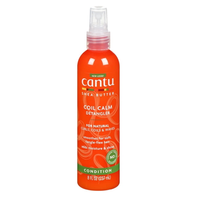Shea Butter Coil Calm Detangler by Cantu, an 8 fl oz (237 ml) orange spray bottle with clear pump, designed to soften and condition natural curls, coils, and waves for smooth, tangle-free hair with added moisture and shine, silicone-free formula.
