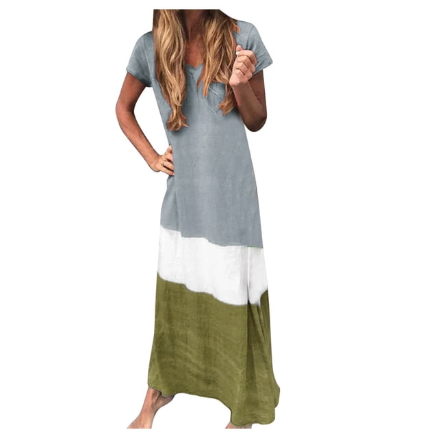 Fridja Womens Plus Size Daily Tie-dyed Color Block Loose V Neck Short Sleeve Dress