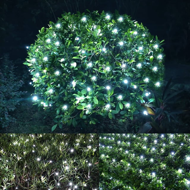 LED Christmas net lights outdoor decorations for bushes, featuring 96 cool white LEDs on a 5ftx5ft transparent wire net. The lights are connectable, allowing up to 12 strings to be linked, and are waterproof for reliable use in various weather conditions. Shown illuminating a bush in a nighttime outdoor setting, creating a festive and bright display.