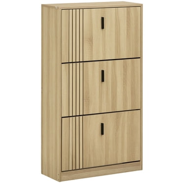 HOMCOM Shoe Storage Cabinet with 3 Flip Drawers for 18 Pairs of Shoes, Oak