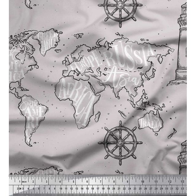 Soimoi Gray Cotton Voile Fabric Direction Compass & Lighthouse Map Print Fabric by the Yard 42 Inch Wide