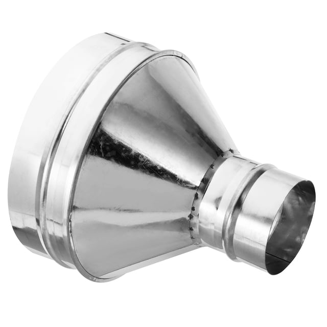 Unique Bargains 8 Inch to 3 Inch Round Duct Reducer made of galvanized steel with a silver tone finish. The adapter features a smooth surface and raised lips on both openings for secure connections. Designed for use with exhaust fans, dust collectors, dryer vent pipes, and various ventilation systems. Measures 8 inches in largest outer diameter, 3 inches in smallest outer diameter, and 8.3 inches in length.