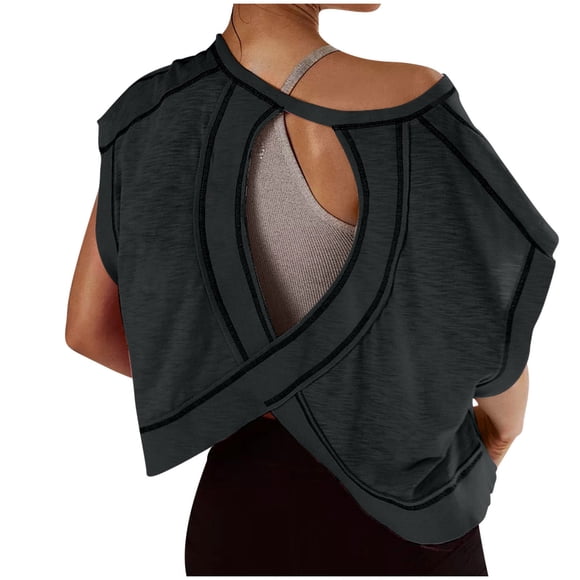 Jacenvly Women Tops Clearance Womens Open Back Workout Backless Short Sleeve Athletic Shirt Running Crop Top Gym Yoga Tee Women's Tops and Blouses Plus Size