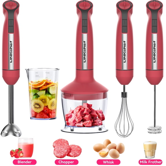 LINKChef Mélangeur à Immersion, 20 Vitesses 1000 W 5-en-1 Mélangeur à Main à Immersion, Mélangeur à Bâton avec Mode Turbo, Robot pour Aliments pour Bébé avec Hachoir, Mélangeur pour la Cuisine avec Bécher de 600 ml (Rouge)