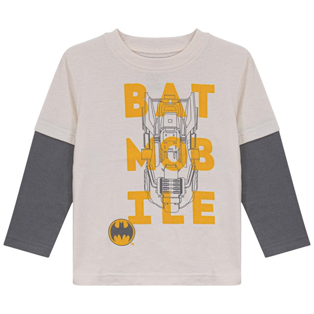 Children's long sleeve t-shirt with gray sleeves and beige body displaying yellow 'BATMOBILE' text overlaying an outline of the Batmobile and a small Batman emblem.