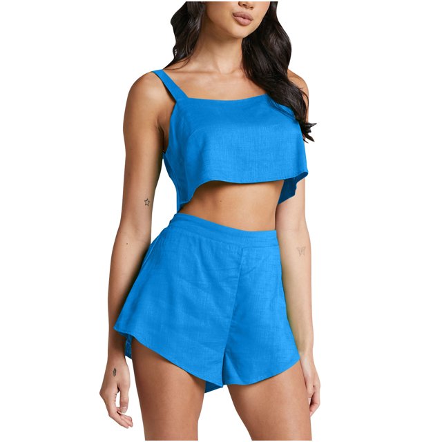 Womens 2 Piece Outfits Lounge Matching Sets Cotton Linen Shorts Open Back Crop Tops Trendy Clothes Summer Vacation Set