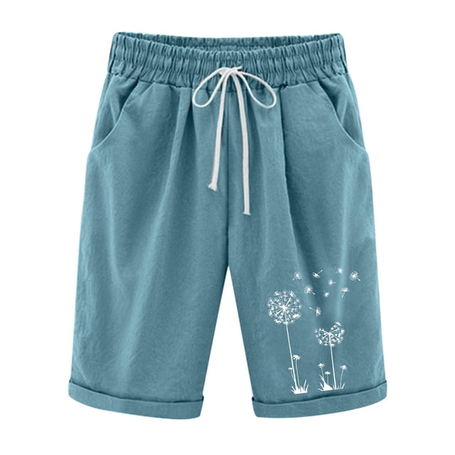 Dealovy Plus Size Shorts for Women Cotton Linen Fashion Printed Drawstring High Waisted Lounge Shorts