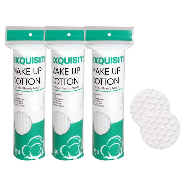 Natural Pure Cotton Makeup Remover Pads, 300 PCS Lint-Free Facial Cleansing Rounds. The image shows three packs of 100 cotton pads each, labeled 'Exquisite Make Up Cotton,' with a green and white design. Each pad features a 3-layer absorbent structure with a soft, lint-free texture, ideal for sensitive skin. The rounds are 5.8cm x 5.8cm in size, suitable for removing makeup, nail polish, and applying creams or lotions.