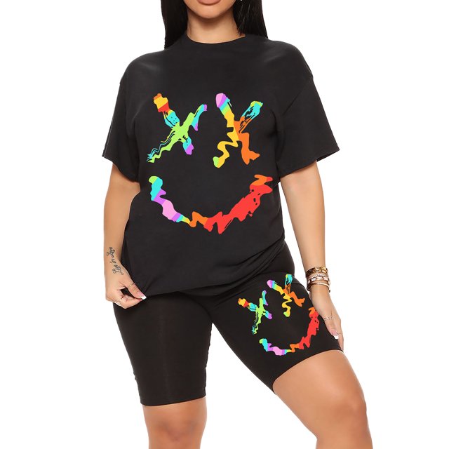 Innerwin Sweatsuits Short Sleeve Ladies Two Piece Outfit Fitness Crew Neck Loose Fit Jogger Set Style-B S