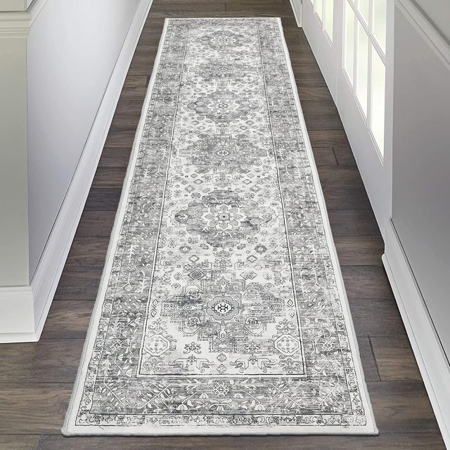 Findosom 2'x8' Hallway Runner Rug Washable Vintage Kitchen Laundry Runner with Non Slip Backing Farmhouse Entryway Living Room Floor Mat Stain Resistant Runner Carpet Gray
