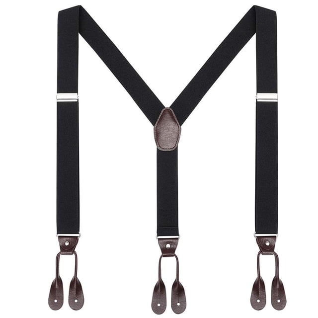 Men's Suspender with Button End and Adjustable Shapd Suspenders in black color. Features a Y-back design with elastic polyester straps, PU leather joints, and classic button-end tabs. The suspenders measure 120x3.5 cm (47.24x1.38 inches) and are suitable for pairing with trousers, jeans, or formal attire. Ideal for weddings, work, or special occasions.