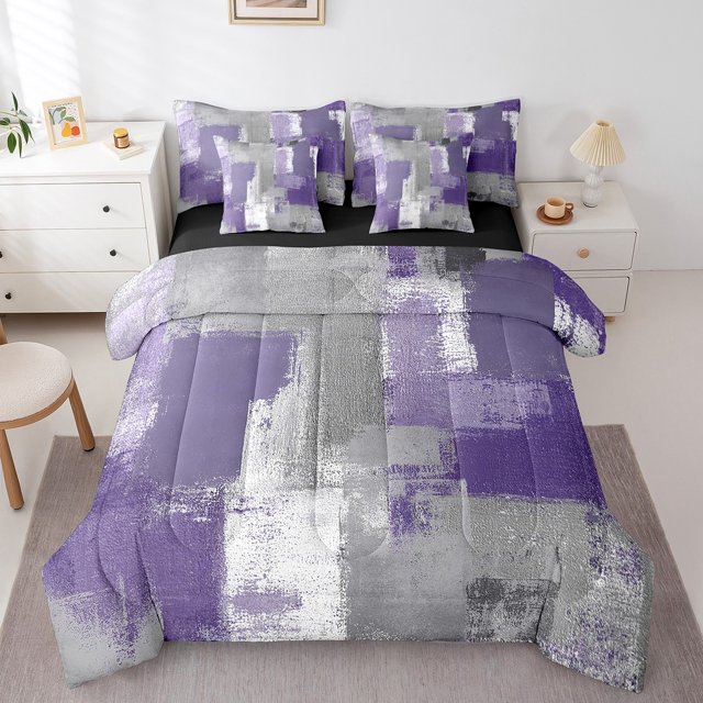 YST Purple Gray Watercolor 7-Piece Comforter Set, Oil Painting Grunge Bedding Set, Queen – Modern Abstract Design