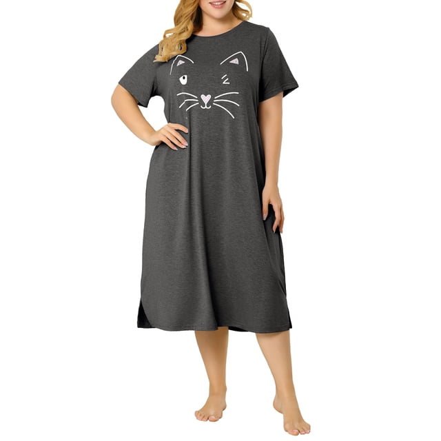 Agnes Orinda Nuisettes pour Femmes Grande Taille Col Rond Manches Courtes Pyjama à Imprimé Chats avec Poche 4X Gris Foncé