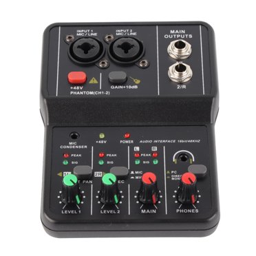 Mixeur Audio 2 Canaux, Planche de Son Mixeur Audio 48V Alimentation Fantôme 2 Canaux Compact Performance Stable pour Enregistrement Musical