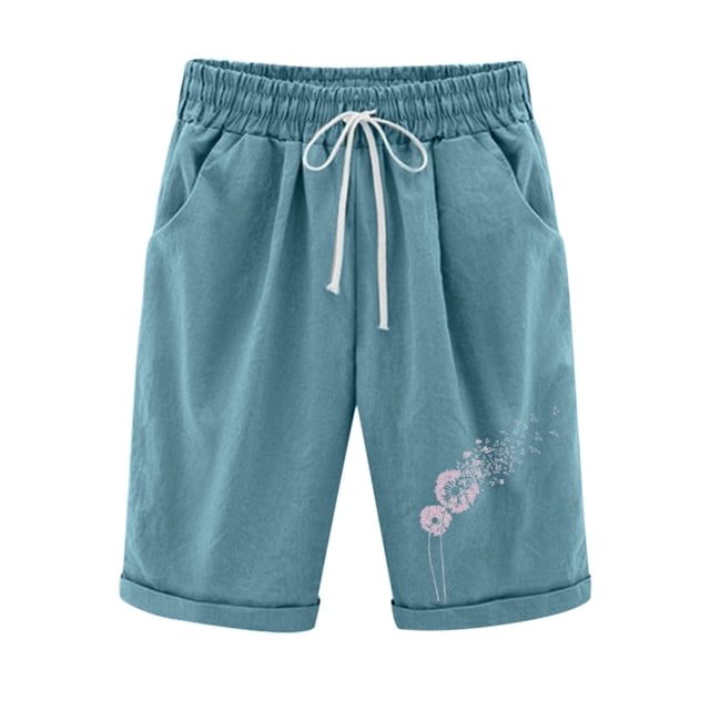 Timegard Plus Size Shorts for Women Cotton Linen Elastic Waist Drawstring Ruched Casual Loose Shorts