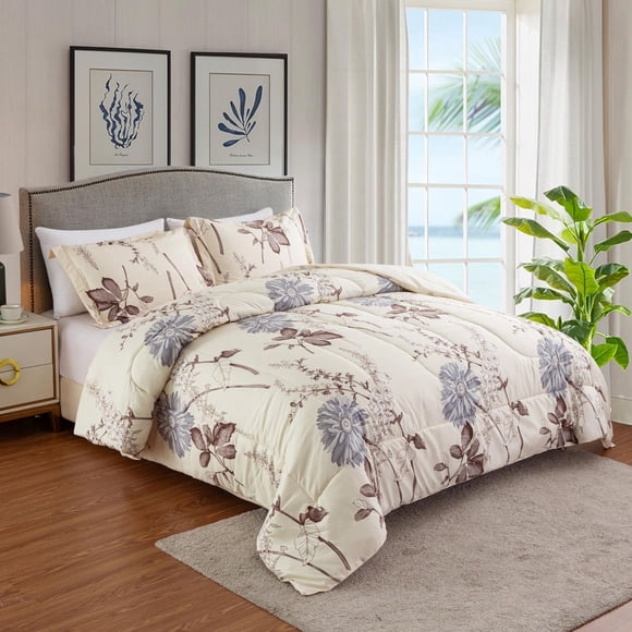 Marina Decoration Home Decor Ultra Soft Luxury Fluffy Goose Down Alternative Bedding Printed Comforter Set, Blue Chrysanthemum Floral Cream Base Pattern