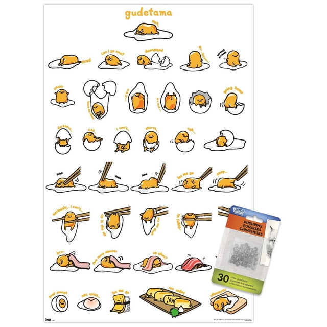 Gudetama - Grid Wall Poster, 14.725" x 22.375" featuring multiple cartoon illustrations of the lazy egg character Gudetama in various poses with yellow handwritten captions on a white background, designed as wall art for home décor, with a small pack of clear pushpins attached at the bottom right corner.