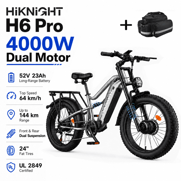 HiKNiGHT Vélo Électrique à Double Moteur 4000W pour Adultes, Batterie 52V 20Ah, 64 Km/h et Autonomie de 144 km, Vélo Électrique à Pneus Larges 24 Pouces x 4.0 Pouces, Freins Hydrauliques Doubles, Suspension Complète, H6 Pro (Gris) avec Sac