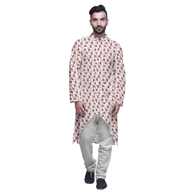 Atasi Button Down Asymmetrical Kurta For Men Printed Mandarin Long Sleeve Shirt