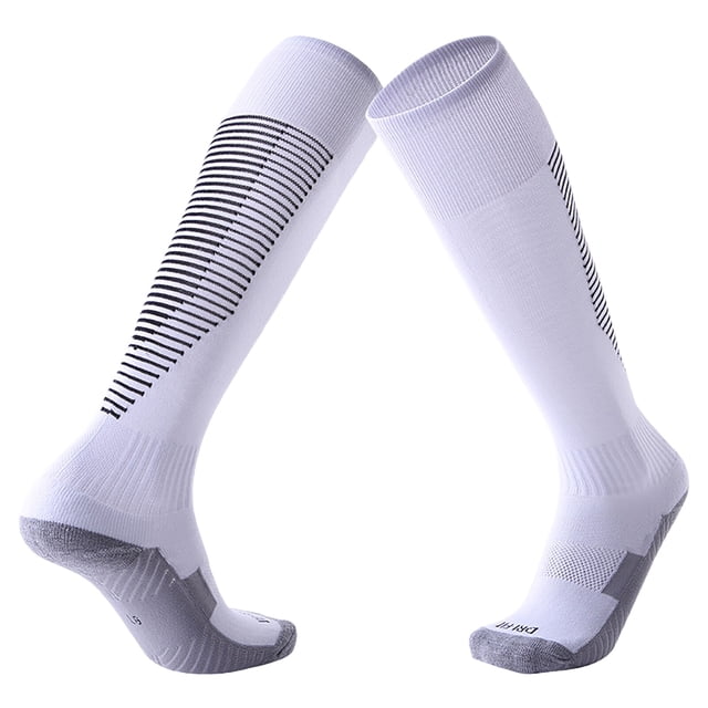 Mens Socks Adult Male Compression Stockings for Men plus Size Soft Elastic Knee Length Football Socks in white, featuring a ribbed texture and black striped detailing on the sides. Made from knitting wool for warmth and comfort, providing compression support suitable for daily wear, sports activities, or football. One size fits all.