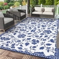 thumbnail image 3 of Nanan 8x10 Waterproof Outdoor Rug, All-Weather Floral Pattern Patio Mat, UV Resistant, Stain Resistant, Easy Clean Plastic Rug for Yard, Deck, Balcony, Camping,Dark Blue/White, 3 of 8