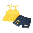 thumbnail image 2 of Girls Ribbed Camisole Tank Tops and Ripped Denim Jeans Shorts Summer Outfits Set, 2 of 6