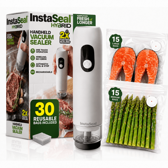 Instaseal Scelleuse sous Vide Hybride Portative, Scelleuse Alimentaire Sans Fil Rechargeable avec 30 Sacs Réutilisables, Scellement Automatique pour Viande, Produits et Liquides