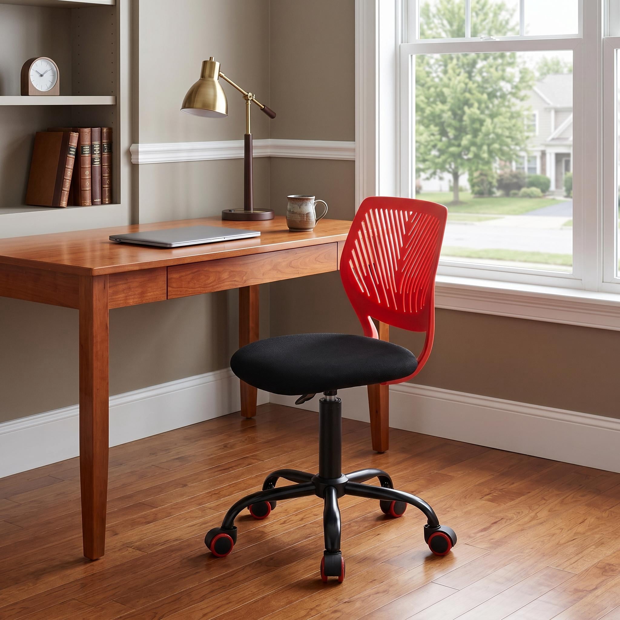 Homy Casa Kids Desk Chair, Adjustable Armless Swivel Task Chair with Wheels, Red and Black