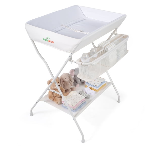 Costway Infant Baby Changing Table Folding Diaper Station Organizer with Storage Beige