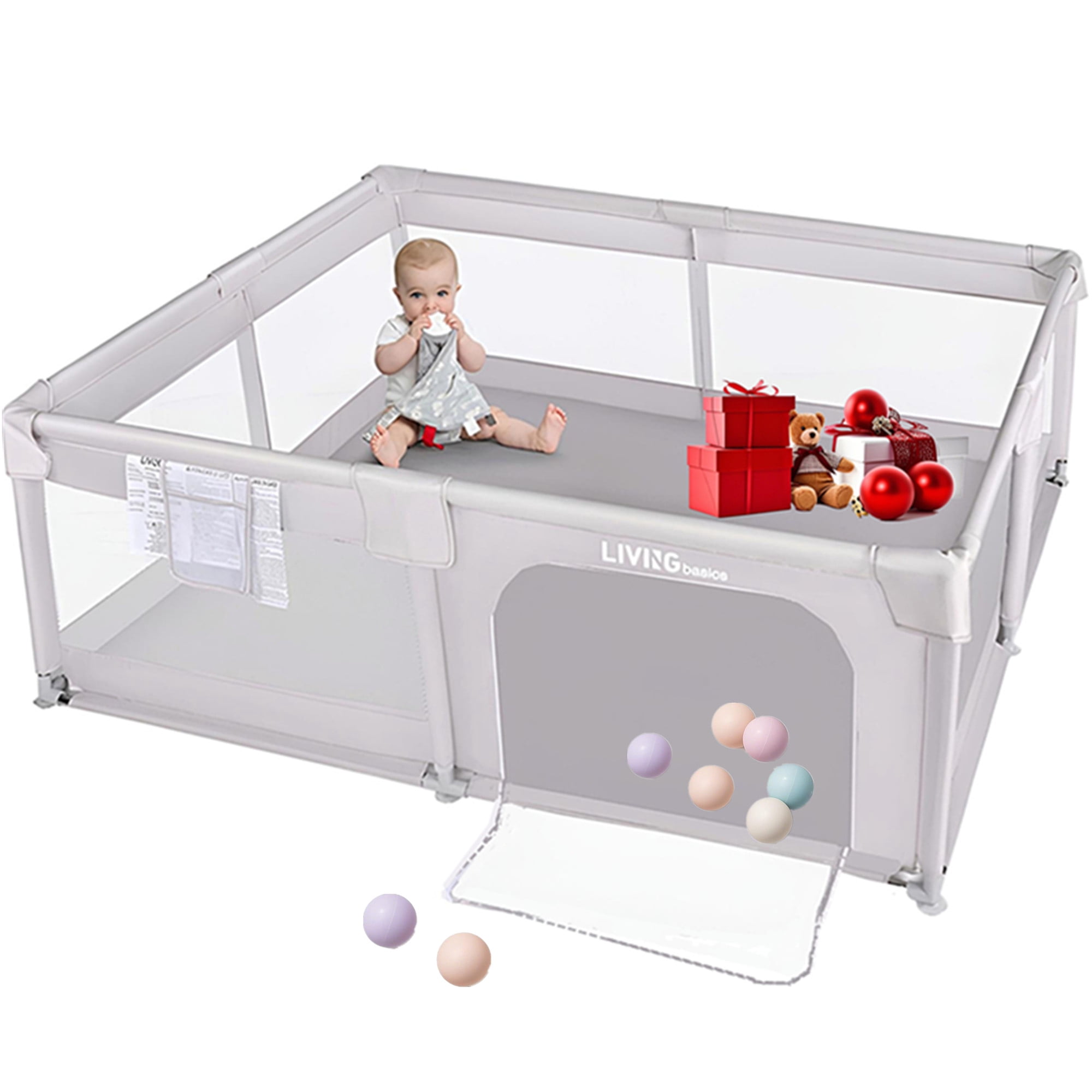 73"x61" Extra Large Baby Playpen, Kids Activity Safety Center with Zipper Door and Breathable Mesh, Sturdy Play Yard for Babies and Toddlers, Light Grey