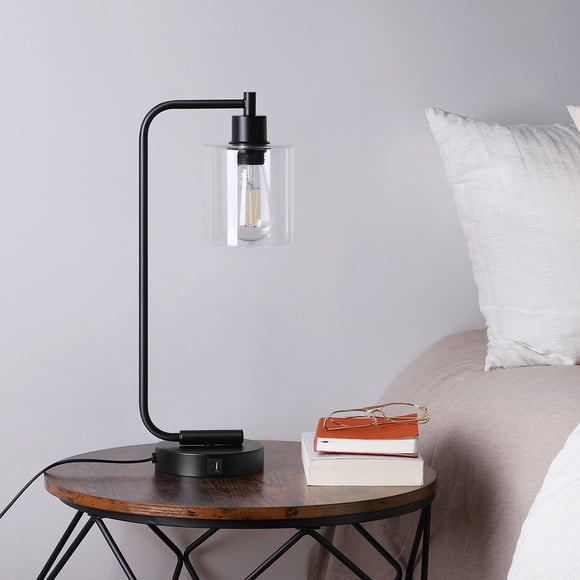 DEWENWILS Lampes de Table Industrielles à Commande Tactile avec Abat-Jour en Verre, 3 Niveaux de Gradation avec Ports USB, Noir, Ampoule E26 Incluse