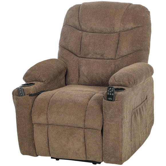 Brown Power Lift Recliner Chair with Massage, Electric Velvet Reclining Chair with Cup Holders & Side Pockets, Memory Remote, for Living Room & Bedroom, 34.6"W x 41.3"H