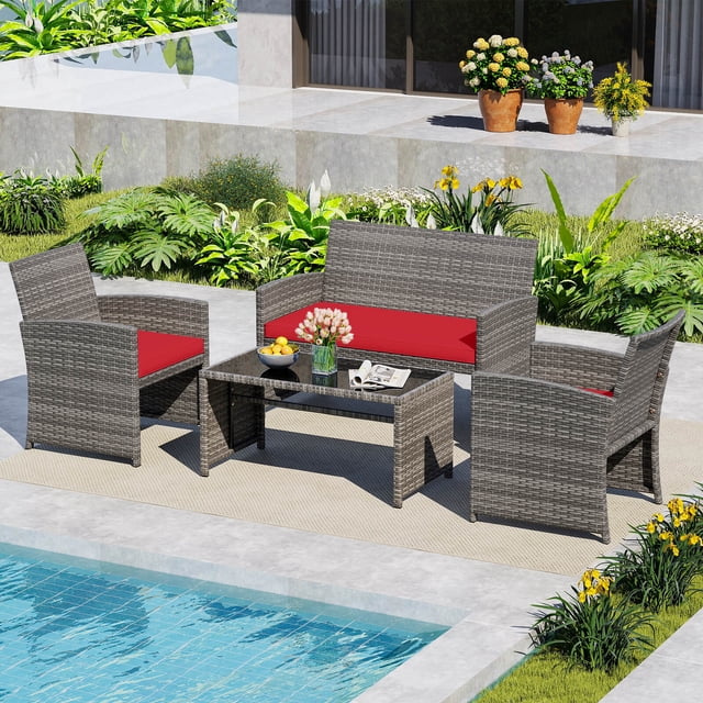 Costway Ensemble de Conversation pour Patio 4 Pcs avec Coussins de Siège et Dessus de Table en Verre Trempé, Extérieur Rouge