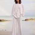 thumbnail image 4 of EGNMCR Women 2 Piece Linen Outfits Solid Color Long Sleeve Suit Drawstring Wide Leg Pants with Pockets Womens Lounge Sets, 4 of 7