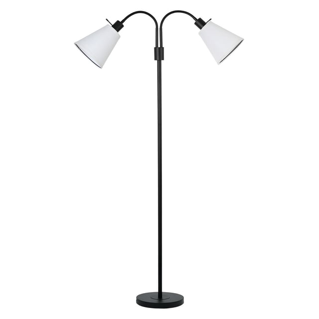 hometrends 2-Light Floor Lamp with a black metal base and two adjustable gooseneck arms topped with white linen fabric shades, featuring a turn knob on/off switch and a 5-foot black power cord, standing 66 inches tall, suitable for directing light in living rooms or offices.