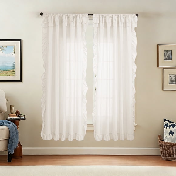Sheer Ruffle-Trimmed Curtains for Living Room Decor, Light Filtering Window Panels