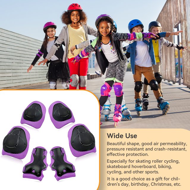 Maoww 6 Pcs Genouillères Anti-Collision Mousse Polyester Coque Rigide Protège-Poignets Patins à Roulettes Cyclisme Skateboard Trottinette Violet